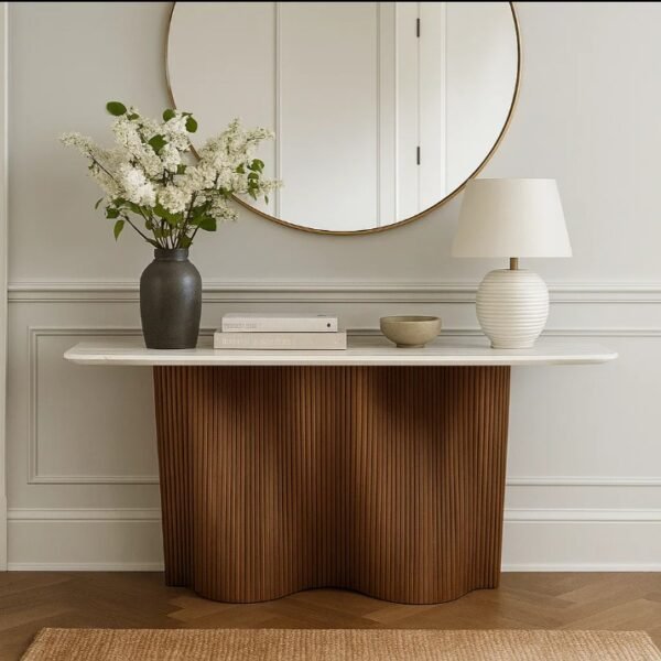 Wave Line Console Table – Porcelain Top with Fluted Wood Base